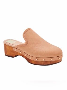 DV DOLCE VITA Closen Nubuck Camel Studded Wooden Heel Clogs Shoes 7